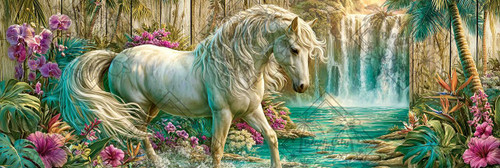 Elly AI white horse walking through turquoise tropical water surrounded by orchids, hibiscus, palm trees, and glowing waterfall
