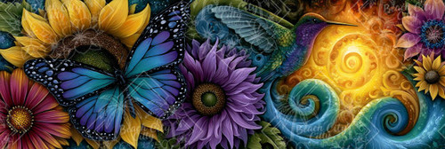 Elly AI blue purple butterfly with hummingbird, sunflowers, colorful flowers, swirling ocean waves, and glowing golden sun