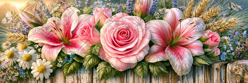 Elly AI pink roses and lilies with white daisies, lavender, wheat, butterflies, and rustic wooden fence at sunset