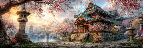 Elly AI Japanese temple beside tranquil water surrounded by pink cherry blossoms, stone lanterns, bridge, and warm sunset light