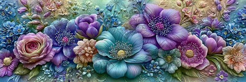 Elly AI blue teal purple and blush flowers arranged in an ornate jeweled floral composition with shimmering dimensional details