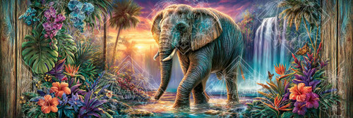 Elly AI African elephant walking through tropical water surrounded by hibiscus, orchids, palm trees, butterflies, and glowing waterfall