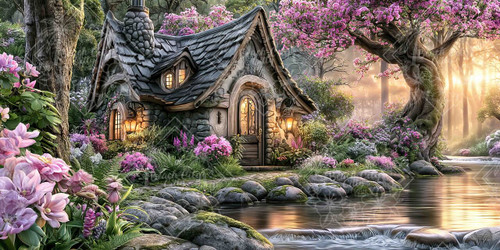 Elly AI whimsical stone cottage beside peaceful creek surrounded by pink blossoms, flowering tree, forest greenery, and golden sunlight