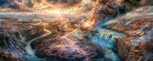 Elly AI volcanic Iceland landscape with glowing lava, turquoise waterfalls, rugged canyon, smoke plume, and dramatic sunset