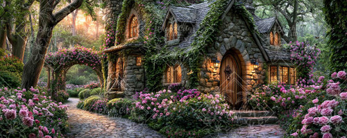 Elly AI ivy covered stone cottage with glowing windows surrounded by abundant pink roses, garden archway, and woodland trees