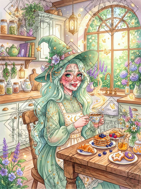 A whimsical green-haired kitchen witch enjoys a magical cup of tea in a sunny cottage kitchen surrounded by herbs, flowers, crystals, pastries, butterflies, and soft green décor by Dreamy Witch.