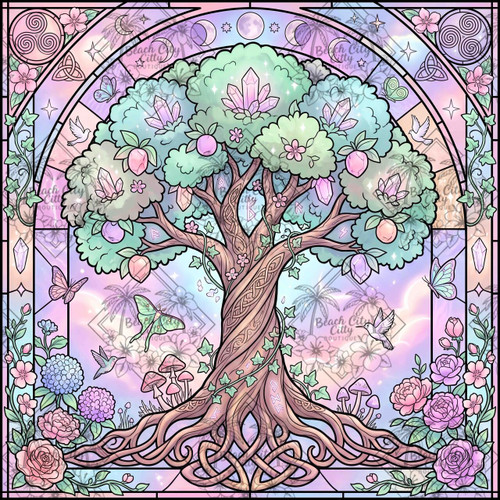 A pastel Celtic Tree of Life featuring crystal fruit, blooming flowers, butterflies, birds, Celtic knotwork, and stained-glass inspired fantasy artwork by Dreamy Witch.