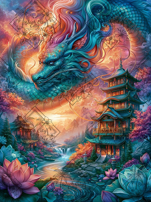 Vibrant blue dragon flying above a glowing Asian-inspired temple, lotus flowers, mountains, and sunset sky.