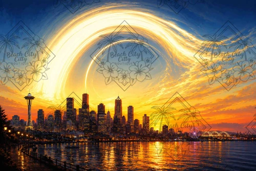 Seattle skyline with the Space Needle, glowing waterfront, Great Wheel, and a massive golden celestial vortex swirling across a brilliant blue and orange sky.