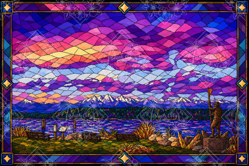Colorful stained-glass inspired Pacific Northwest landscape with a lake, evergreen forest, snowcapped mountains, and dramatic pink, purple, blue, and golden twilight sky.