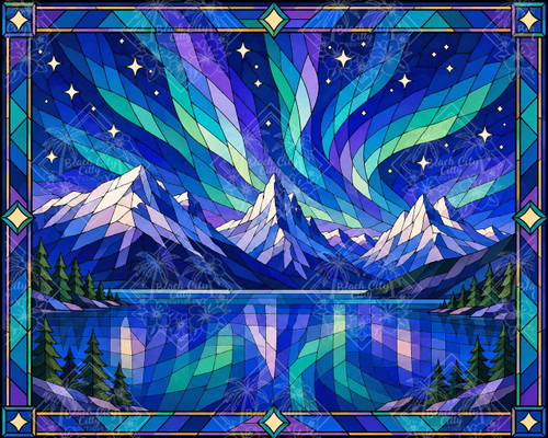 Stained-glass inspired mountain landscape with turquoise, blue, green, and purple northern lights reflected in an alpine lake beneath snowy peaks.