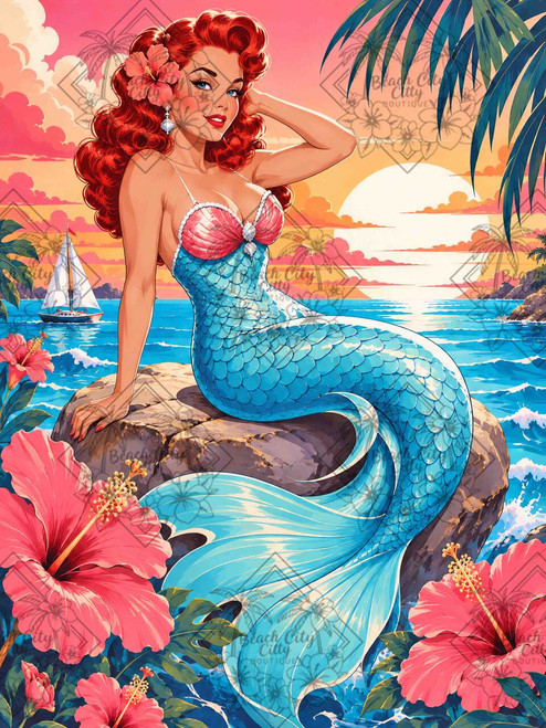 Redheaded retro mermaid with turquoise tail surrounded by coral hibiscus flowers beside a tropical ocean sunset.