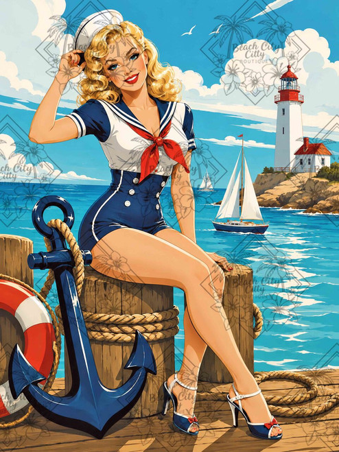 Blonde retro sailor pin-up woman beside a navy anchor with turquoise ocean, sailboats, and coastal lighthouse.