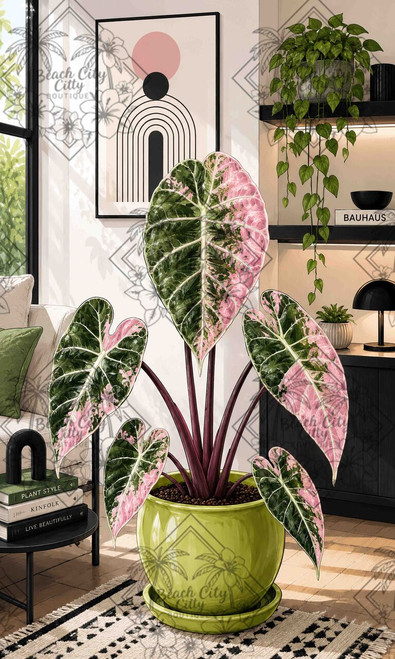 Large pink and green variegated Alocasia with heart-shaped leaves in a chartreuse planter inside a modern sunlit living room.