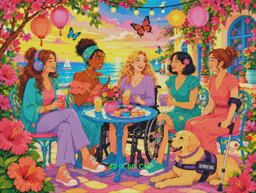 Five diverse women with disabilities enjoying a colorful seaside café together with a wheelchair, prosthetic leg, forearm crutch, service dog, and headphones.