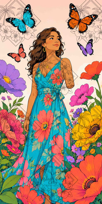 Confident woman with an upper-limb difference wearing a turquoise floral dress among oversized colorful flowers and butterflies.