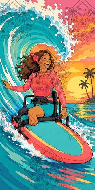 Woman with a physical disability riding an adaptive surfboard through a large turquoise wave beneath a brilliant tropical sunset.
