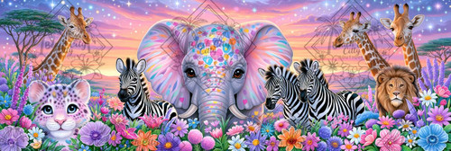 Pastel elephant with colorful markings surrounded by zebras, giraffes, lion and pastel big cat in a vibrant flower-filled African landscape.