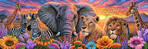 Elephant with lion, lioness, zebras and giraffes on the African savanna at sunset surrounded by vivid colorful flowers.
