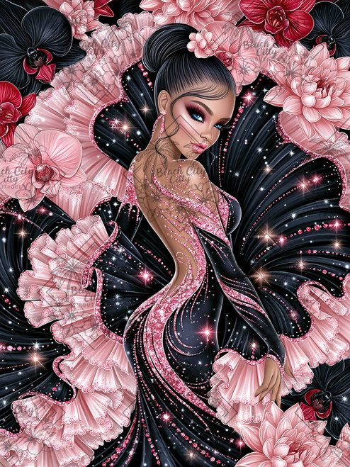 Glamorous woman in a black and sparkling pink ruffled gown surrounded by oversized blush, black, and crimson flowers.