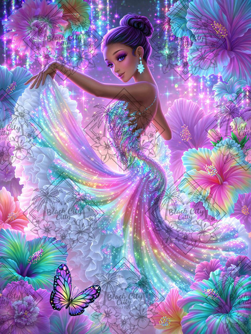 Elegant woman in a sparkling rainbow gown surrounded by oversized colorful tropical flowers and a rainbow butterfly.