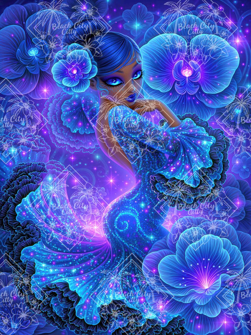 Elegant woman in a sparkling sapphire blue gown surrounded by enormous glowing blue and violet fantasy flowers.