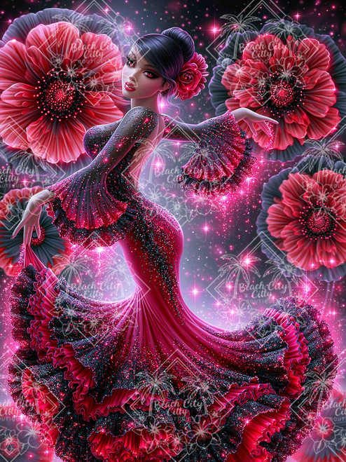 Glamorous dancer in a sparkling crimson red and black ruffled gown surrounded by enormous red and charcoal flowers.