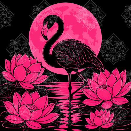 Black flamingo standing among vivid pink lotus flowers beneath a glowing pink full moon by artist Kelly Reins.