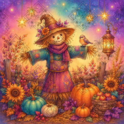 Whimsical scarecrow surrounded by pumpkins, sunflowers, apples and colorful autumn foliage beneath glowing star lanterns.