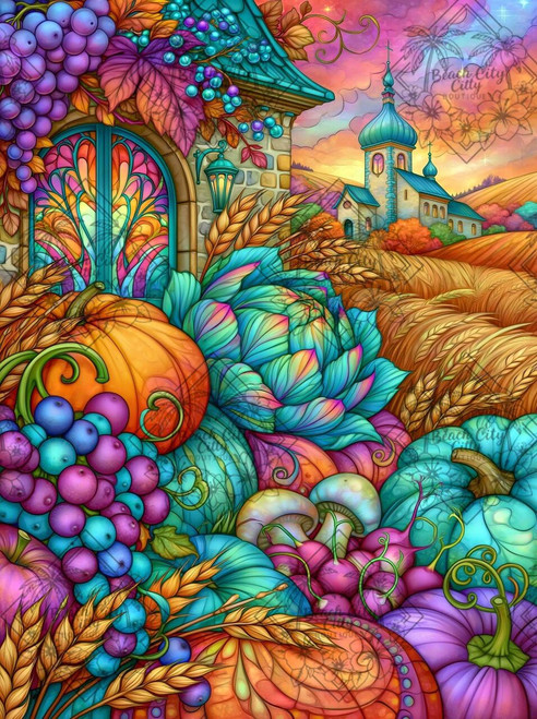 Colorful autumn harvest with pumpkins, grapes and wheat overlooking golden fields and a countryside church.