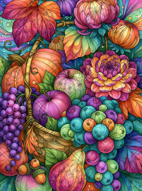 Colorful woven harvest basket overflowing with pumpkins, grapes, berries, acorns and large jewel-toned autumn flowers and leaves.