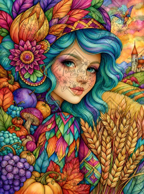 Beautiful harvest maiden with flowing teal hair surrounded by golden wheat, pumpkins, grapes, mushrooms and brilliant jewel-toned autumn foliage.