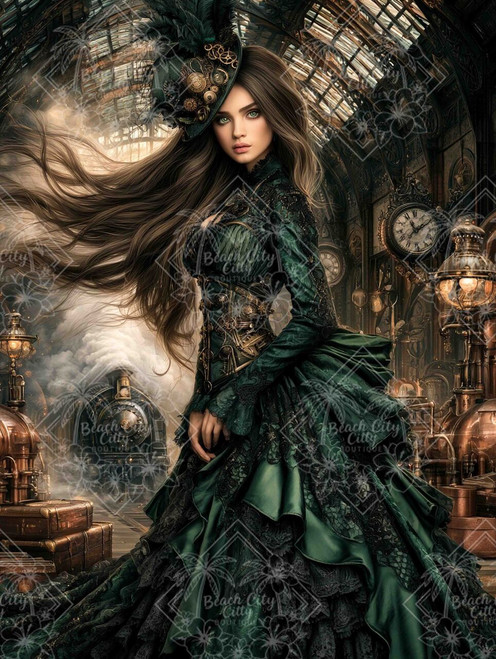 Elegant Victorian woman in an emerald green and black lace gown standing in a steampunk train station with clocks, copper machinery, and a locomotive.