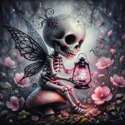 Tiny skeleton fairy with black butterfly wings sitting on a mushroom and holding a glowing pink lantern among flowers.