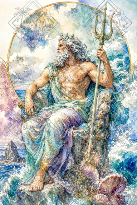 Poseidon Greek god of the sea seated among crashing turquoise waves holding a golden trident with seashells and coral.