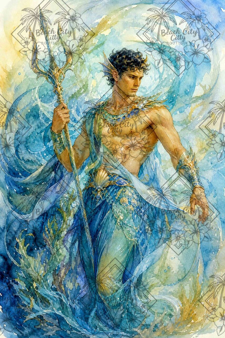 Triton Greek sea god holding an ornate trident surrounded by swirling blue and turquoise ocean waves.