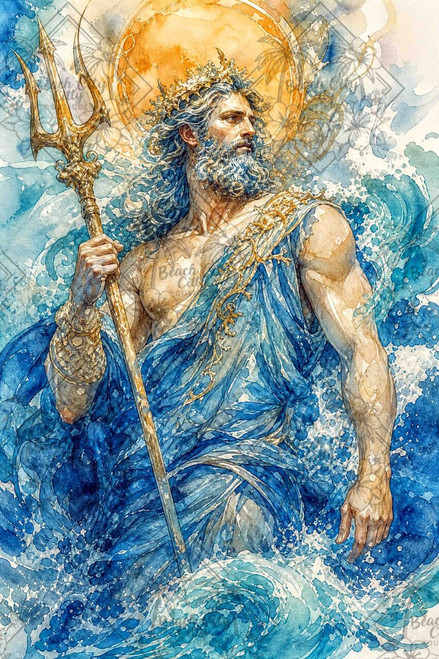 Muscular Poseidon holding a golden trident while powerful blue ocean waves crash around him beneath a golden halo.