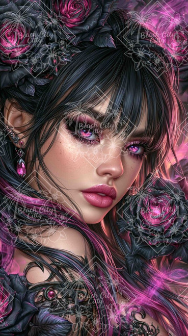 Dark-haired gothic woman with glowing pink-violet eyes surrounded by large black roses illuminated with magenta light.