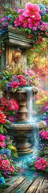 Colorful flower garden with stone fountain, turquoise cascading water, pink hibiscus, roses, lush greenery and glowing lantern.