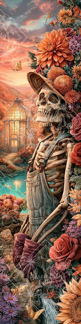 Skeleton gardener wearing overalls, gloves, and a wide hat surrounded by orange autumn flowers, butterflies, a pond, and glowing glass conservatory.