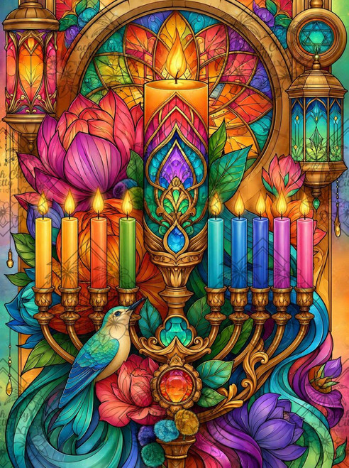 Ornate menorah with glowing candles surrounded by colorful flowers, decorative lanterns and stained-glass-inspired details.