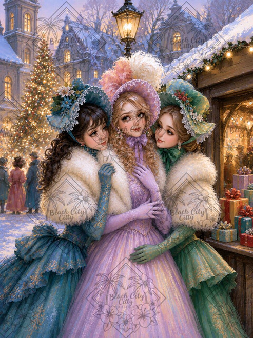 Three elegant women in teal, lavender, and green vintage gowns with white fur wraps at a snowy Christmas market with glowing lights and Christmas tree.