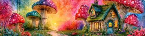 Elly AI whimsical cottage surrounded by giant red teal and purple mushrooms in colorful enchanted forest at sunset