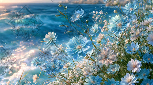 Delicate blue and ivory flowers blooming beside sparkling turquoise ocean water illuminated by warm coastal sunlight.
