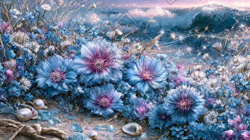 Blue lavender and violet flowers blooming beside sparkling ocean waves beneath a dreamy pink and purple twilight sky.