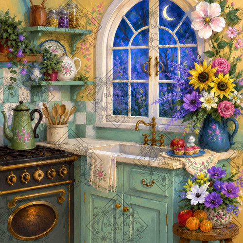 Cozy sage green cottage kitchen with flowers, vintage stove, floral pottery, arched window, and crescent moon over a colorful nighttime garden.