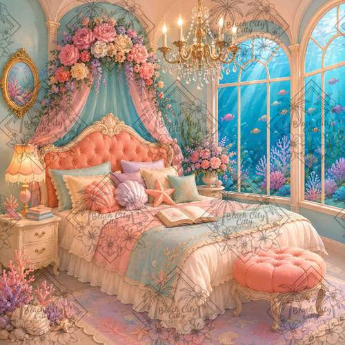 Elegant underwater bedroom with coral bed, pink roses, shell pillows, chandelier, tropical fish, and colorful coral beyond large ocean windows.
