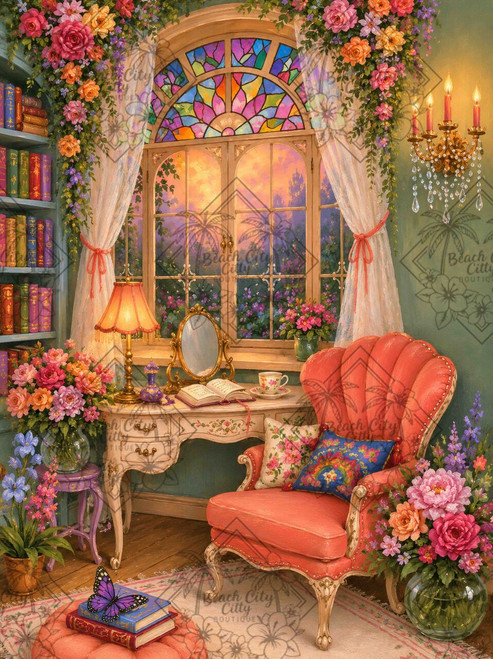 Cozy vintage reading room with coral armchair, floral writing desk, stained-glass window, colorful roses, books, candles, and a glowing sunset garden.