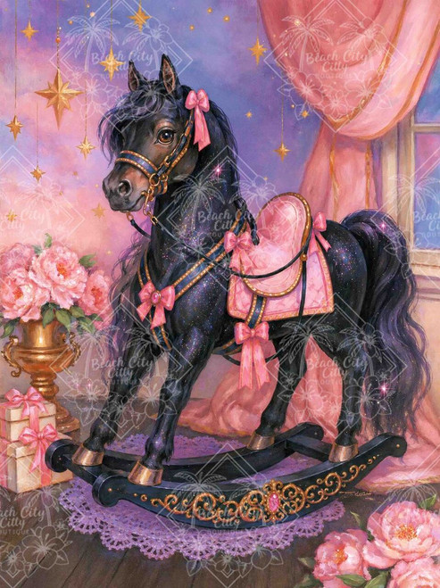 Elegant black rocking horse with pink saddle, bows and gold details surrounded by peonies, gifts, pink curtains and hanging golden stars.