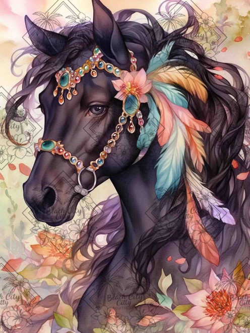 Black horse with flowing dark mane adorned with turquoise gemstone jewelry, pastel feathers and soft flowers in a colorful bohemian portrait.
